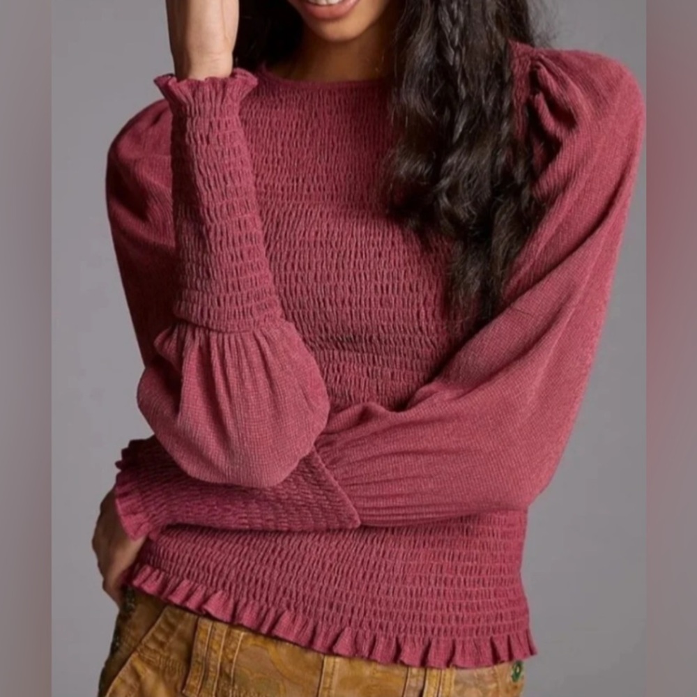 Anthropologie Crinkled Knit Top in Deep Burgundy